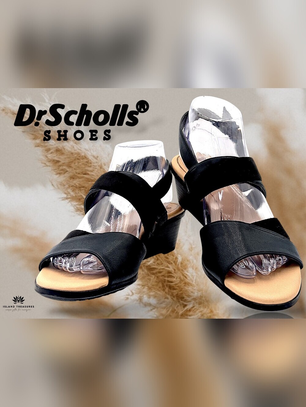 Dr. Scholl's "Grace" Size 7.5M Black Faux Leather Elastic Gores Slingback Sandal